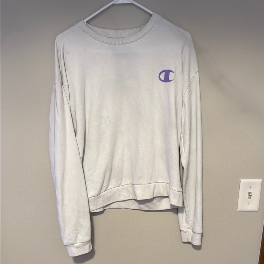 Champion White and Purple Crewneck Sweater